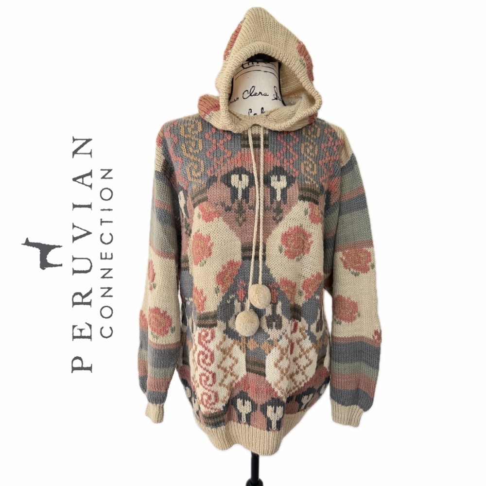 Peruvian Connection Hooded Sweater 100%Wool Hand knit‎ Multicolor Sz M Chunky